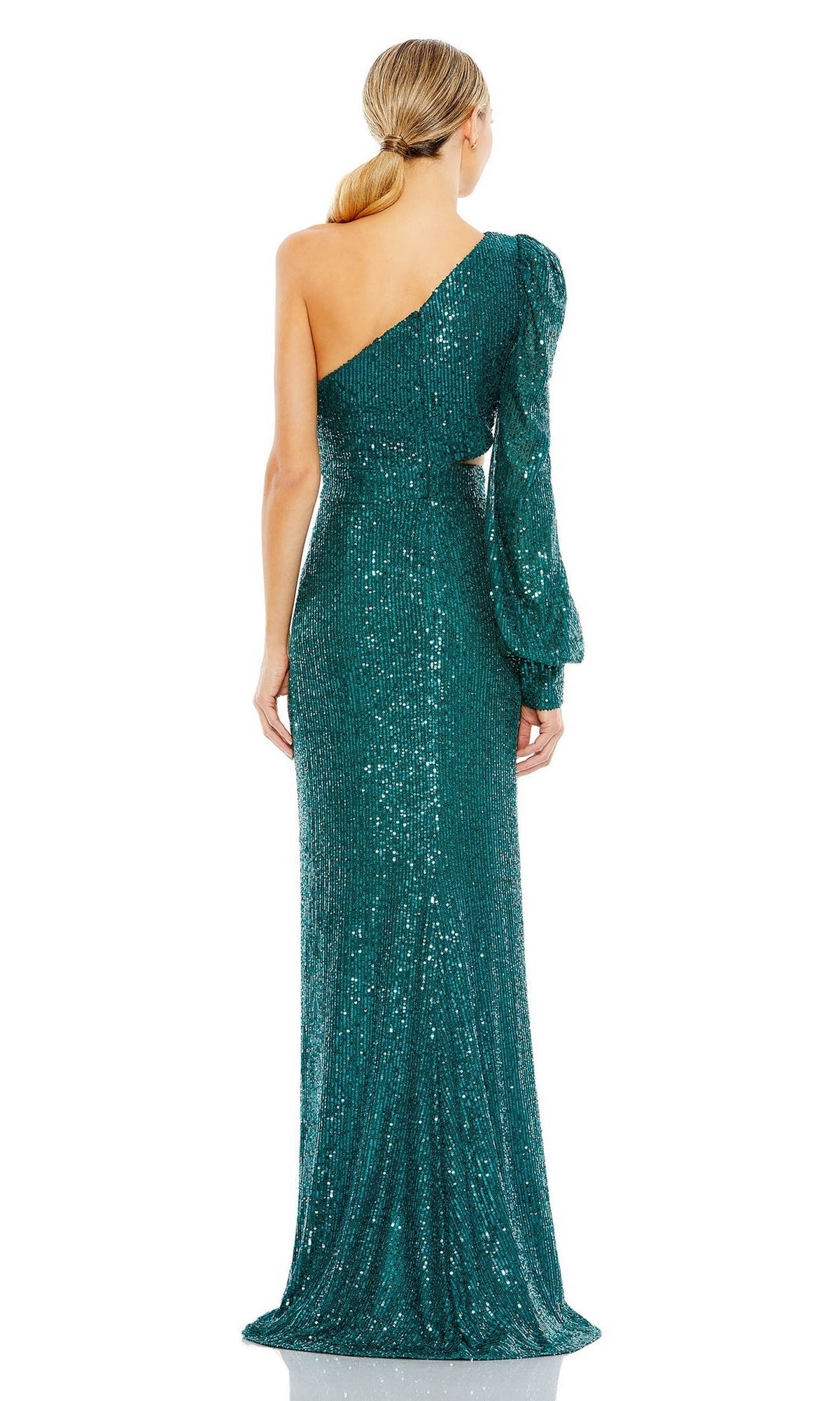 Woman in a floor-length, one-shoulder green Cut-Out Long Sequin Formal Dress by Mac Duggal 26730, featuring a single long sleeve and back view.